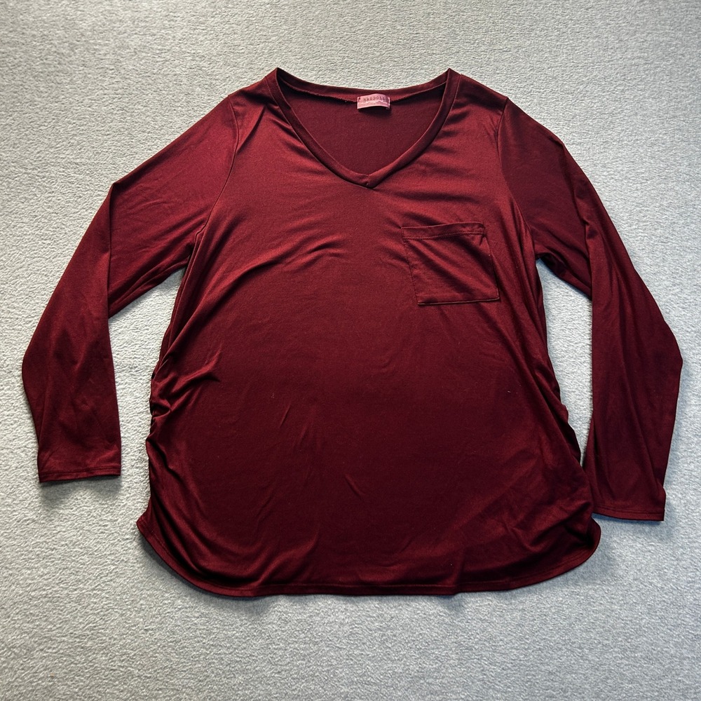 Ragdoll Long Sleeve Tee Womens XL Burgundy V Neck Pocket Casual Lounge Basic Top